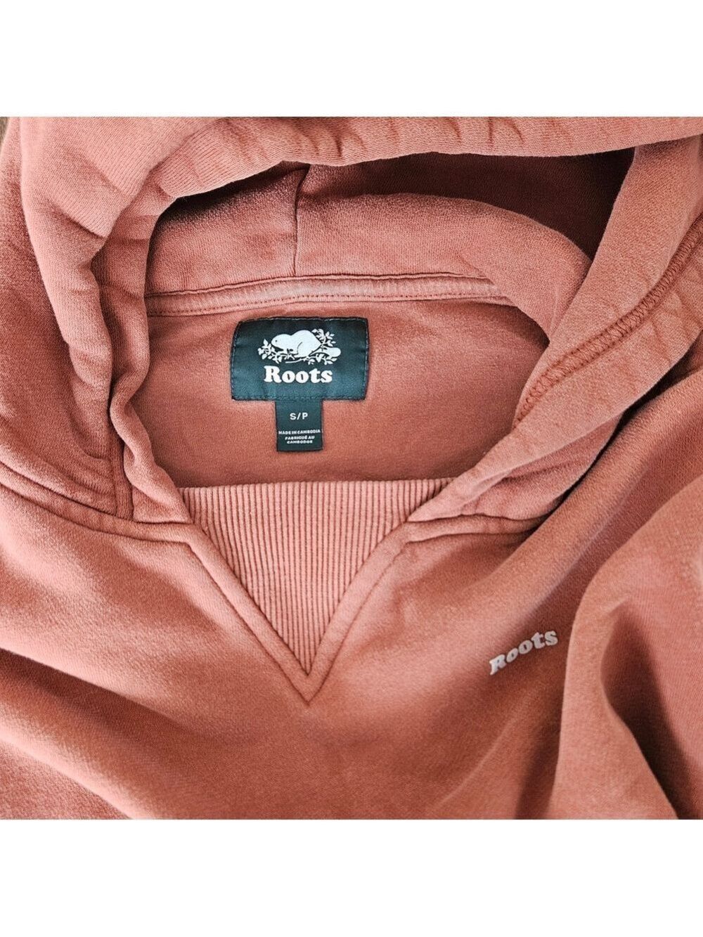 Roots Cropped Hoodie Small Burnt Orange Cozy Fleece Pullover Sweatshirt - Picture 6 of 7